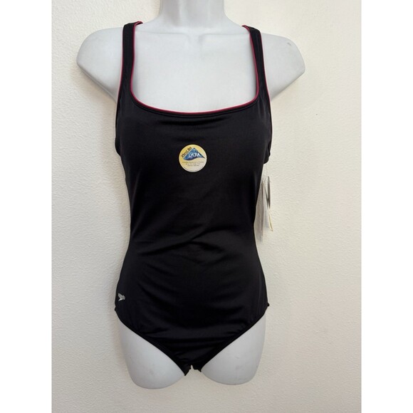 New Womens Speedo One Piece Swimsuit Conservative Cut Soft Cups Black Red 10 - Picture 1 of 9